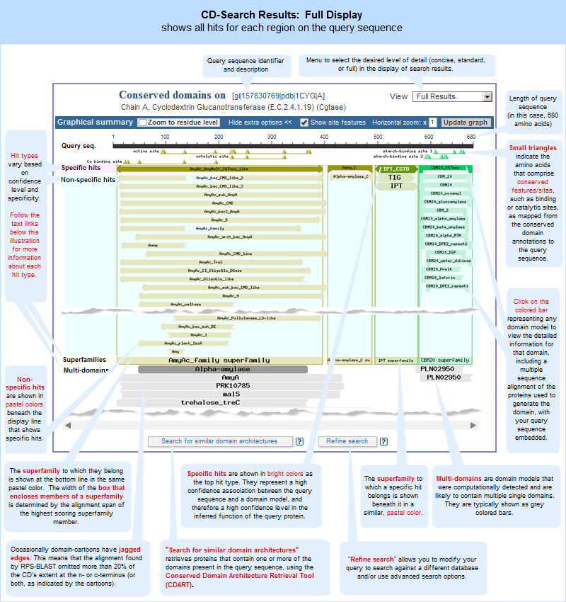 CD-Search results full display, which shows all hits on each region of the query sequence (protein GI 157830769, Cyclodextrin Glucanotransferase) as of October 22, 2014. Click anywhere on the graphic to open the current, interactive CD-Search results page. Note that the live web page may look different from the illustration shown here, because the Conserved Domain Database continues to evolve with the addition of new data and the refinement of algorithms to identify specific hits and superfamilies. However, the concepts shown in the illustration remain stable.